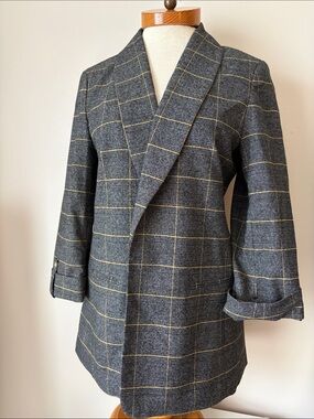 Anne Klein Gray Plaid Shawl Collar Blazer with Tan Windowpane